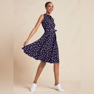Hobbs London Polka Dot Midi Dress - Navy with Pink Dots US 10